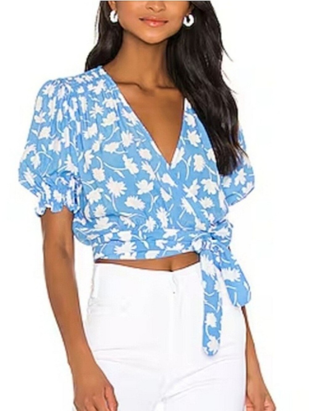 Faithfull The Brand La Colle Blue White Floral Wrap Crop Top XS 2